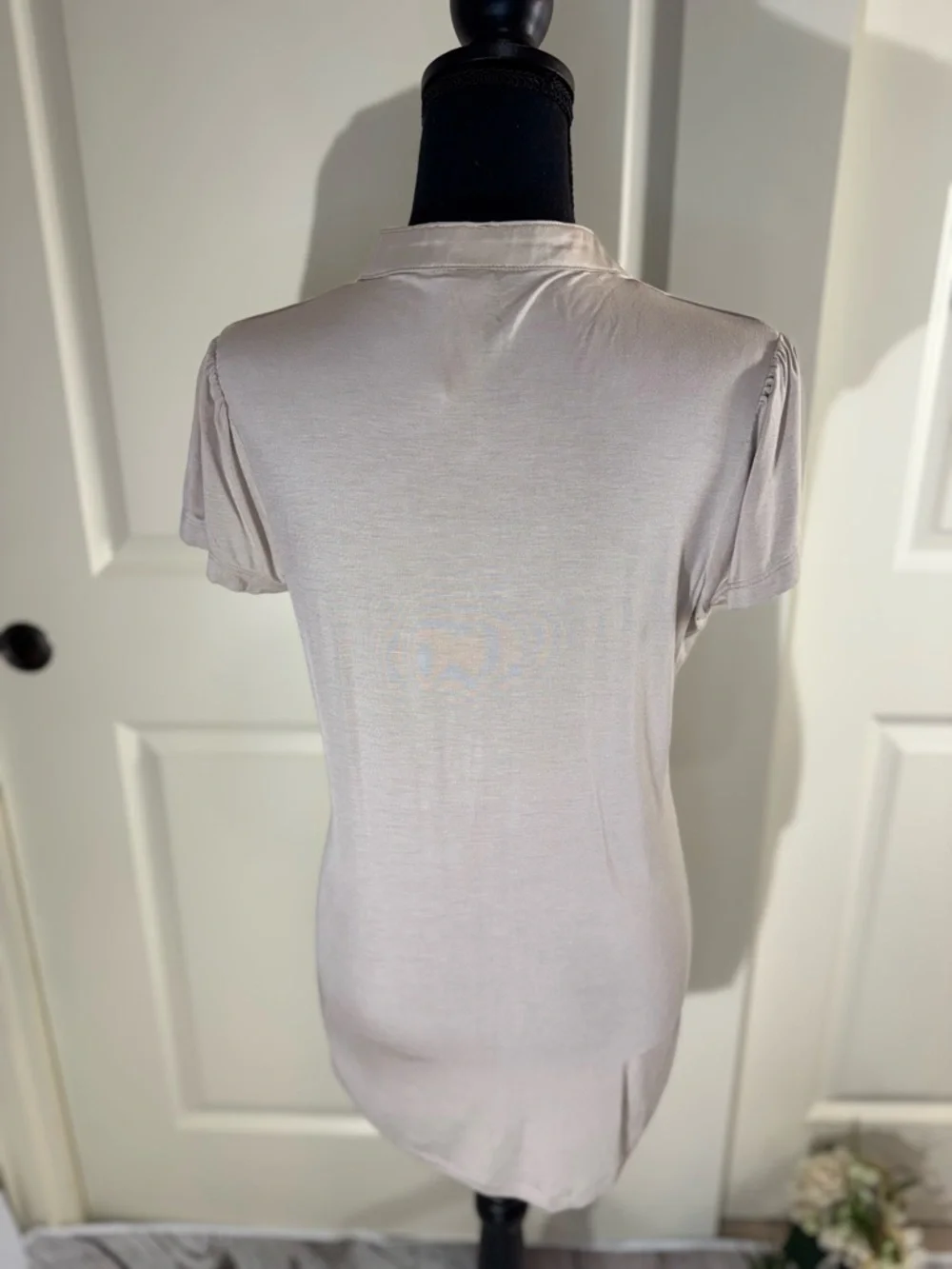 NWOT Kische Beige Ruffle V-Neck Short Sleeve Top Large
